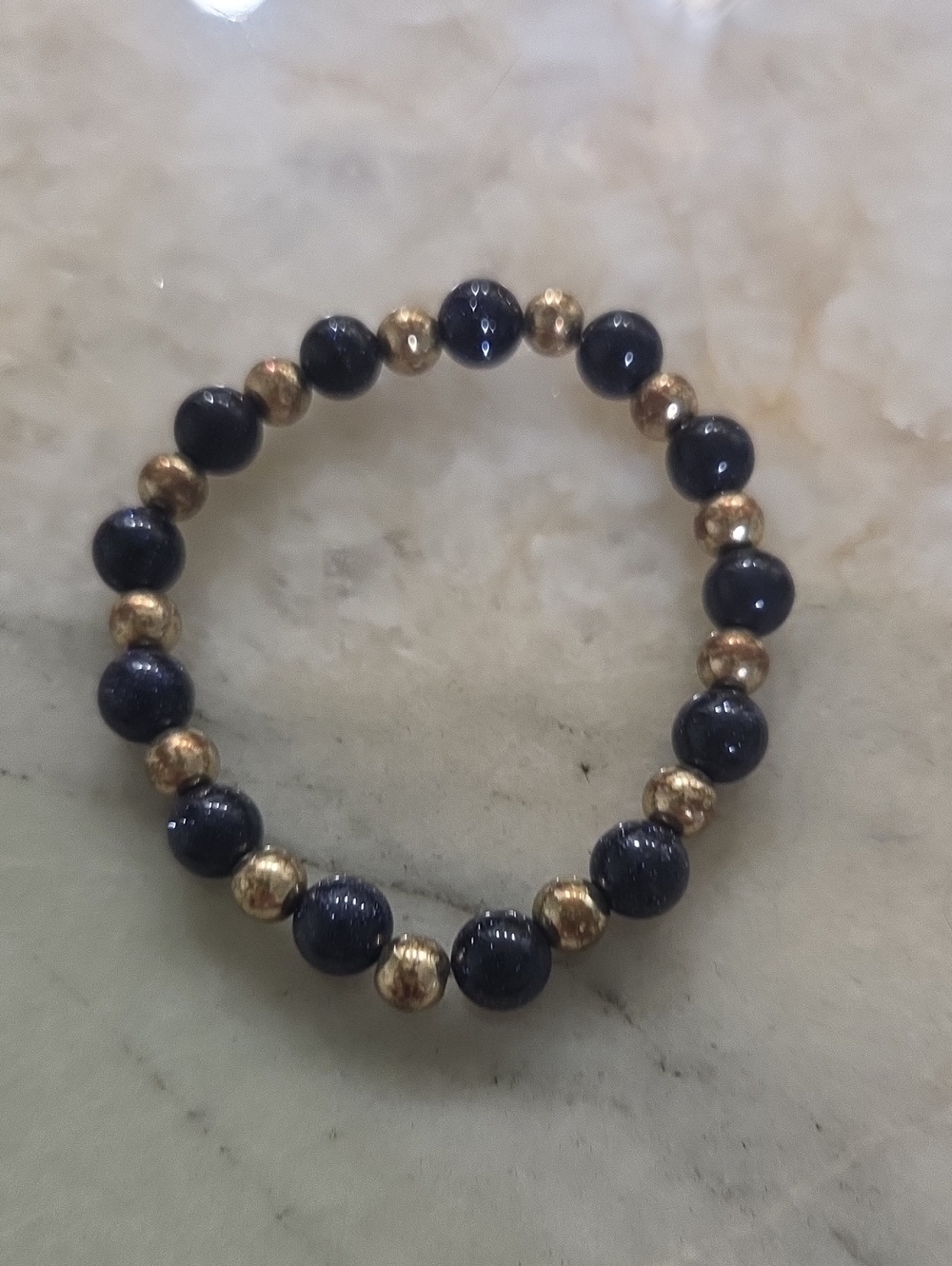 Gold & Navy Blue Beaded Stretch Bracelet